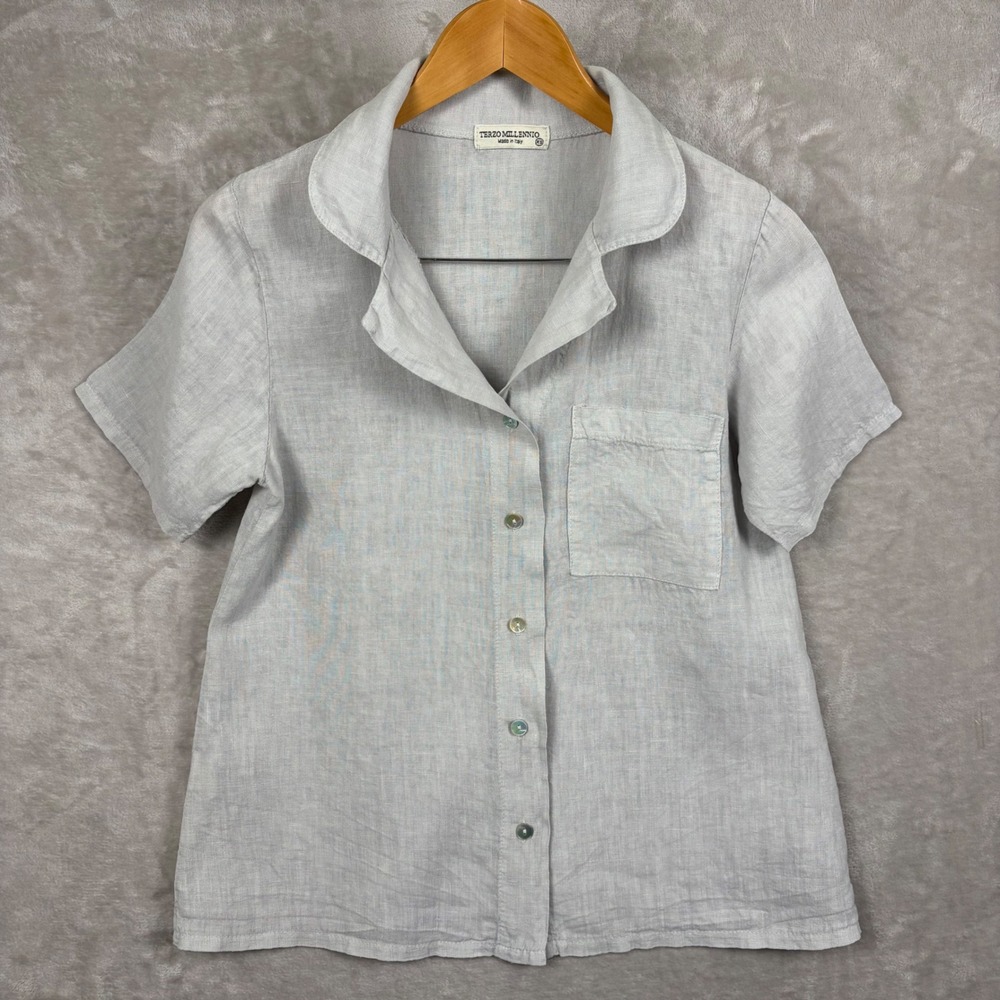 Terzo Millennio Linen Shirt Womens XS Gray Short Sleeve Button Up Summer Chic